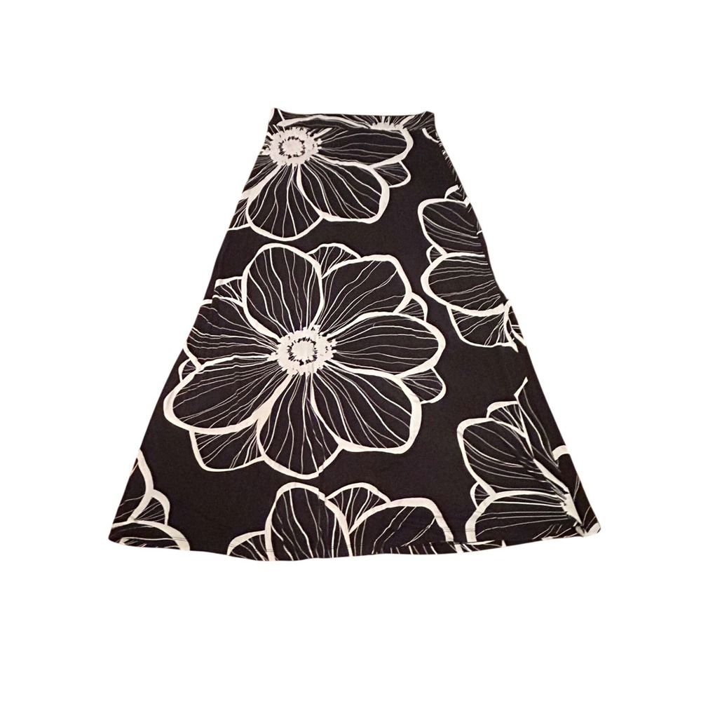 Dennis Basso Black White Floral Maxi Skirt Size Medium A-Line Stretch Boho Comfy - Picture 3 of 4